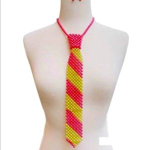 Pink and green Pearl Tie Necklace with matching earrings.